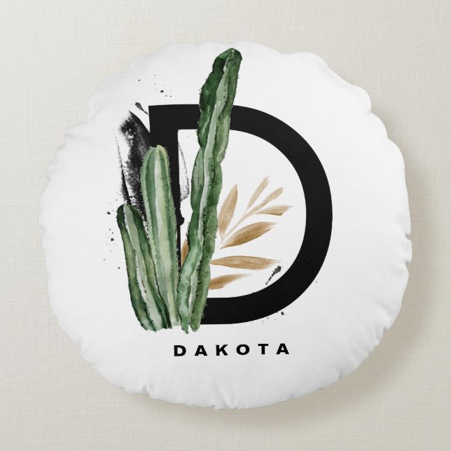 Boho Letter D Monogram | Tropical Cactus Monogram Round Pillow (Front)