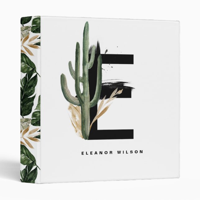 Boho Letter E Monogram | Tropical Cactus Monogram 3 Ring Binder (Front/Spine)