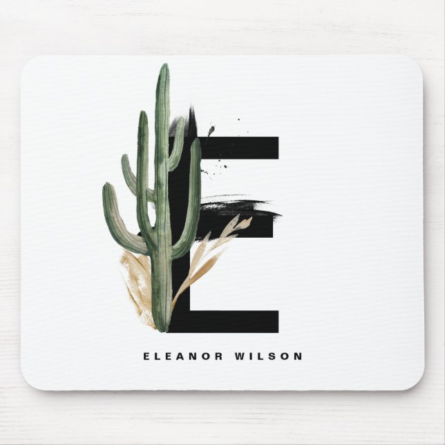 Boho Letter E Monogram | Tropical Cactus Monogram Mouse Pad (Front)