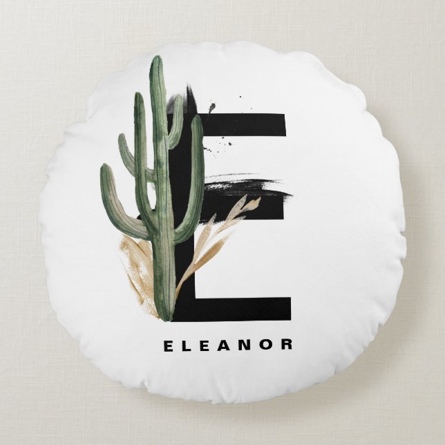 Boho Letter E Monogram | Tropical Cactus Monogram Round Pillow (Front)