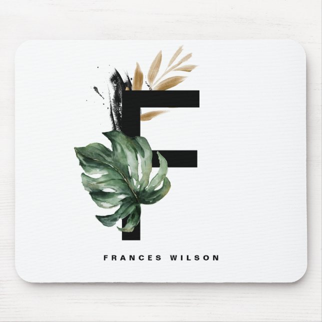 Boho Letter F Monogram | Tropical Leaves Monogram Mouse Pad (Front)