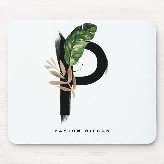 Boho Letter P Monogram Palm Leaves Tropical Mouse Pad (Front)