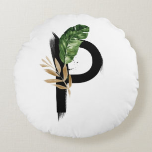 Boho Letter P Monogram Palm Leaves Tropical Round Pillow