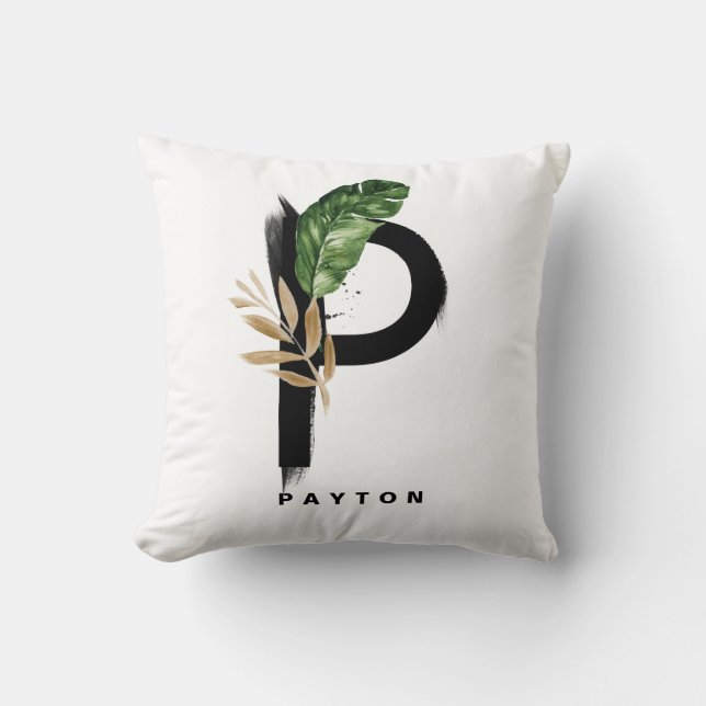 Boho Letter P Monogram Palm Leaves Tropical Throw Pillow (Front)