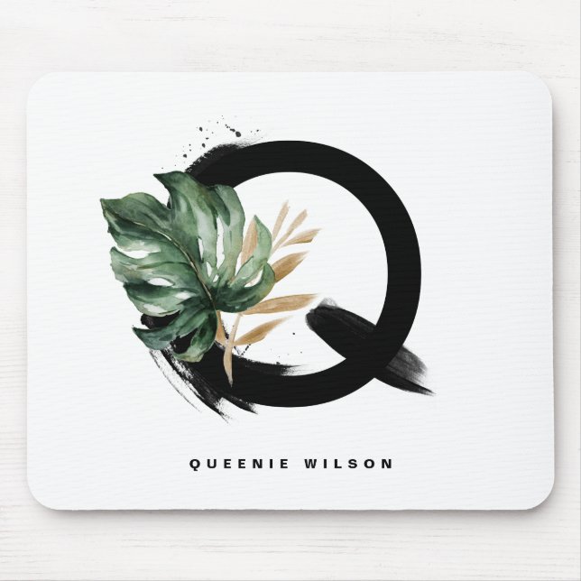 Boho Letter Q Monogram Tropical Monstera Leaf Mouse Pad (Front)