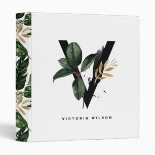 Boho Letter V Monogram Watercolor Tropical Leaves  3 Ring Binder