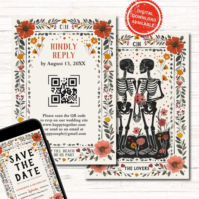 Boho Letterpress Style Skeleton Tarot Wedding RSVP Invitation (Creator Uploaded)