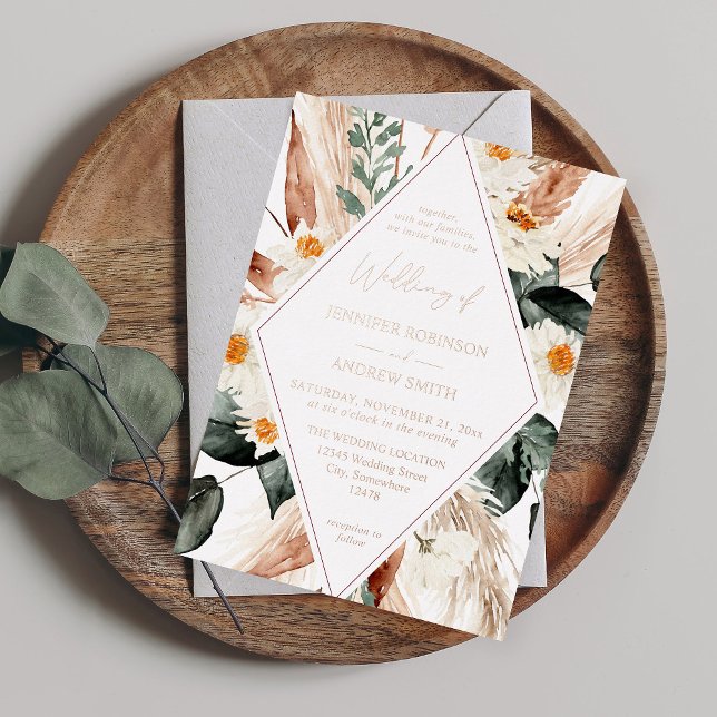 Boho LG Text Boho Copper Pampas Floral Wedding 3 Foil Invitation (Creator Uploaded)