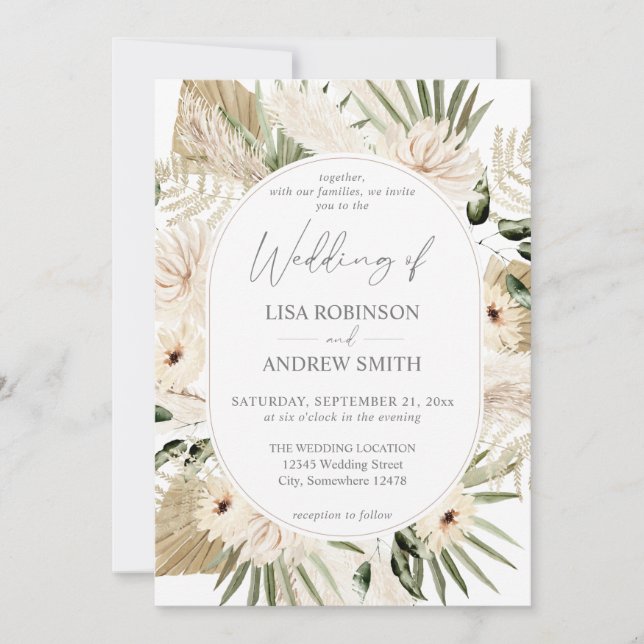 Boho LG Text Pampas Grass & Beige 2 Floral Wedding Invitation (Front)