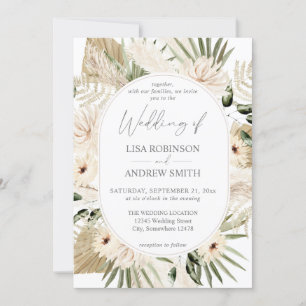 Boho LG Text Pampas Grass & Beige 2 Floral Wedding Invitation
