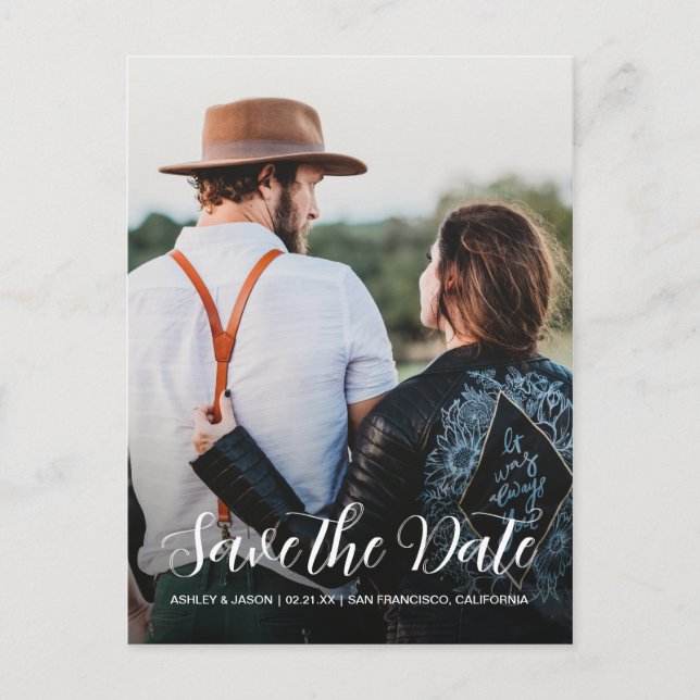 Boho Lifestyle White Script Save the Date Photo Announcement Postcard (Front)
