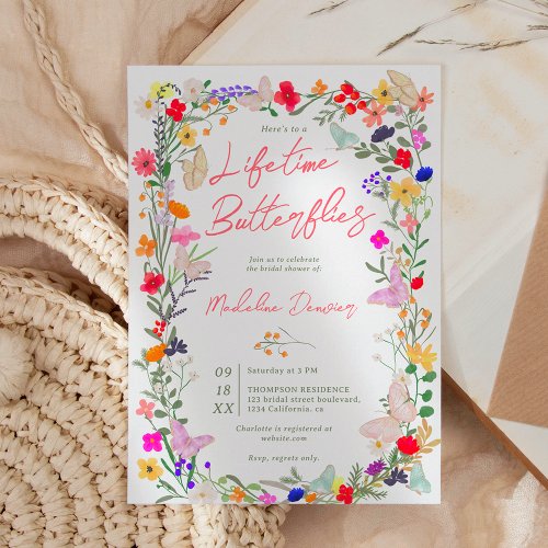 Boho lifetime butterflies wildflower bridal shower invitation