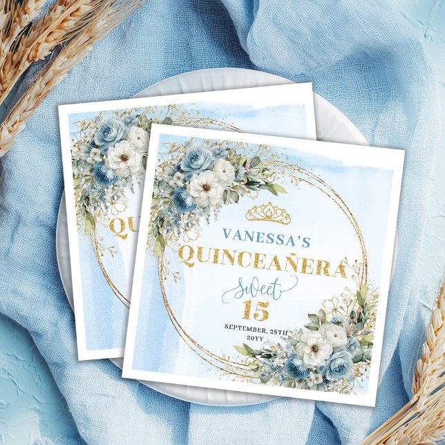 Boho Light Blue Floral Gold Glitter Quinceañera  Napkins (Boho Light Blue Floral Gold Glitter Quinceañera Napkins )