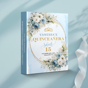 Boho Light Blue Floral Gold Quince Keepsake Album 3 Ring Binder