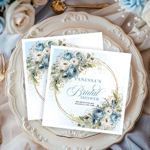 Boho Light Blue Floral Greenery Gold Napkins