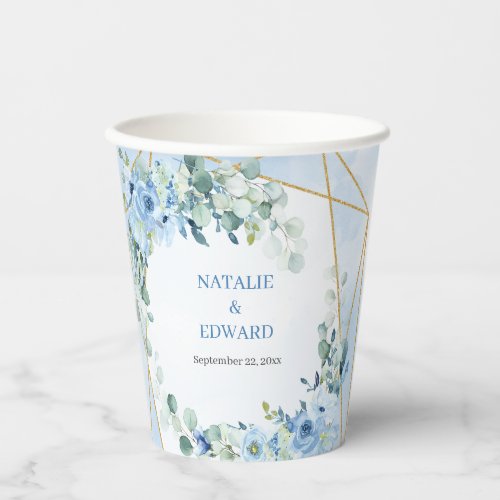 Boho light blue flowers eucalyptus and gold frame paper cups