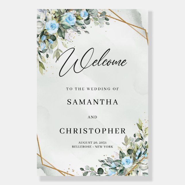 Boho light blue flowers Eucalyptus gold Wedding  Foam Board (Front)