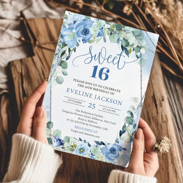 Boho light blue flowers eucalyptus silver sweet 16 invitation (elegant watercolor blue flowers sage eucalyptus silver frame sweet 16 invitation)