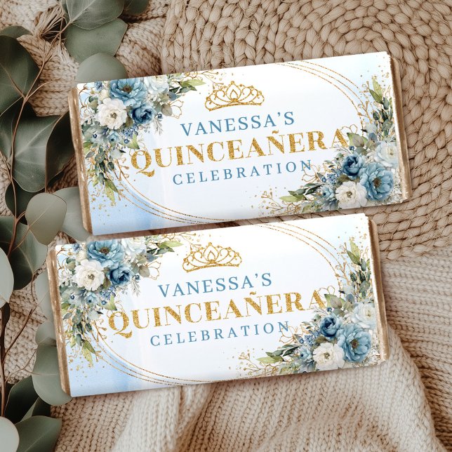 Boho Light Blue Greenery Gold 15th Candy Wrapper Hershey Bar Favors (Boho Light Blue Greenery Gold 15th Candy Wrapper)