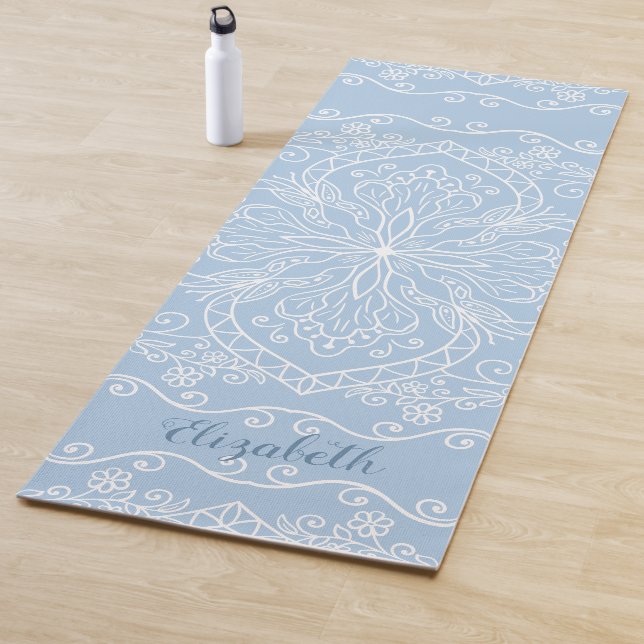 Boho Light Blue Mandala Elegant Monogrammed Yoga Mat (In Situ)
