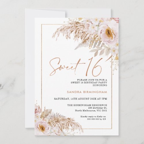 Boho Light Blush Floral Pampas Grass 16th Birthday Invitation