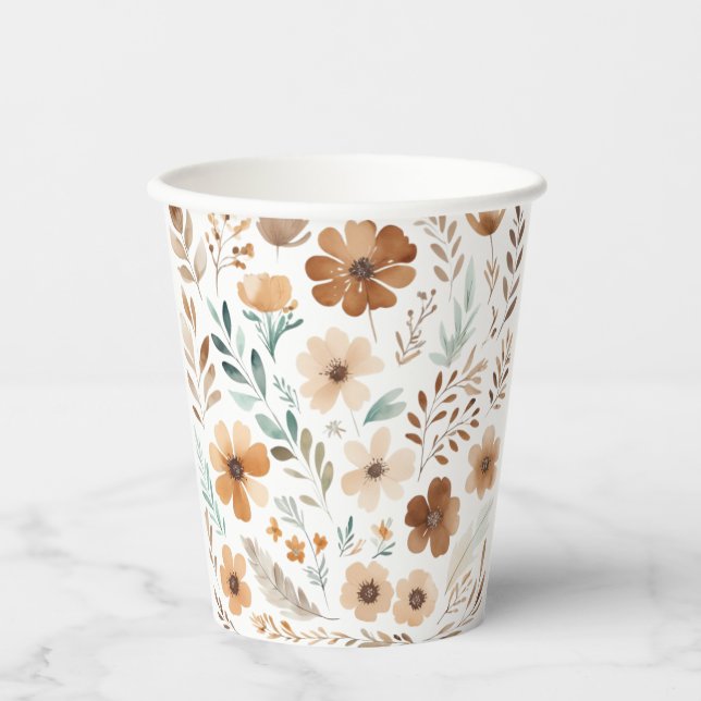 Boho Light Brown Flower  Paper Cups (Front)