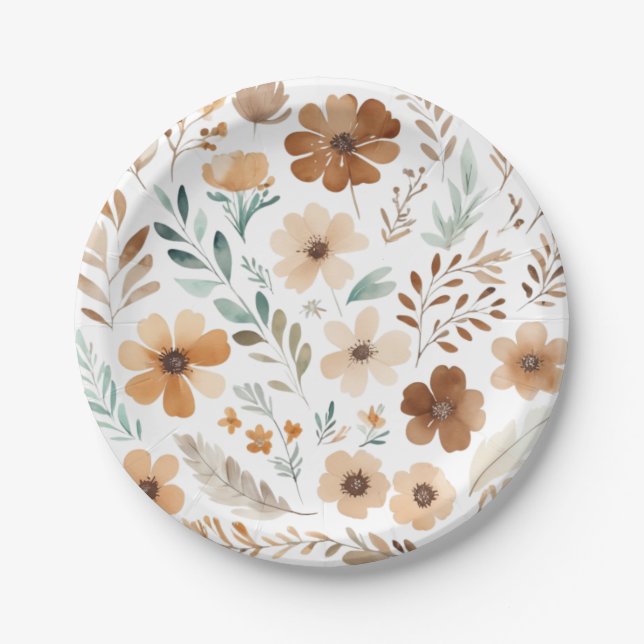 Boho Light Brown Flower  Paper Plates (Front)