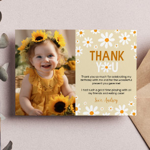 Boho Light Daisy 1st Birthday Photo Thank You Card