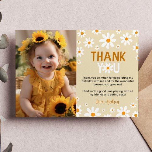 Boho Light Daisy 1st Birthday Photo Thank You Card