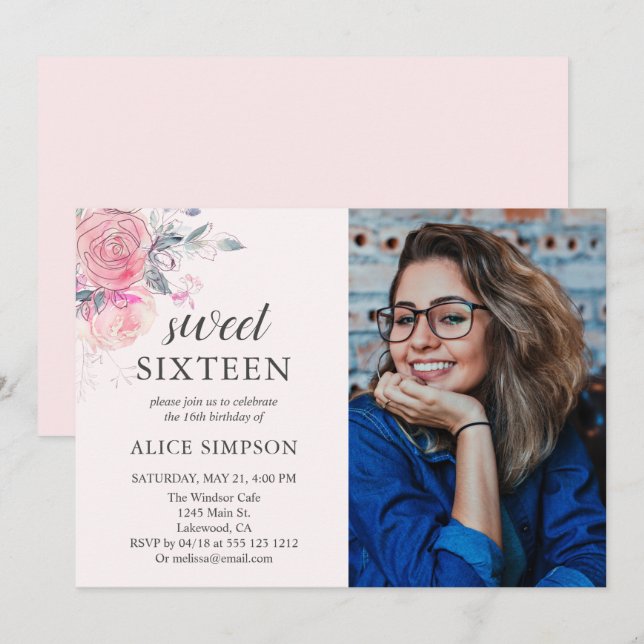 Boho Light Pink Flowers Sweet 16 Invitation (Front/Back)