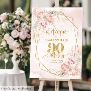 Boho Light Pink Gold Floral 90th Birthday Welcome Foam Board