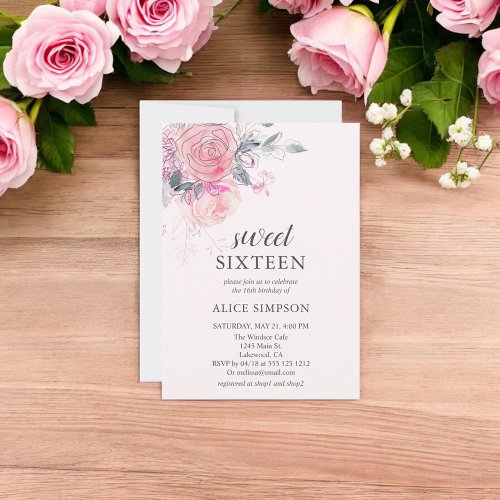 Boho Light Soft Pink Flowers Sweet 16 Invitation