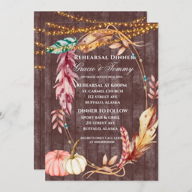 Boho Lights Pumpkin Rehearsal Dinner Invite (Front/Back)