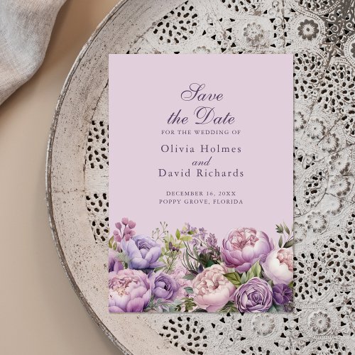 Boho Lilac and Purple Peonies Save the Date Card