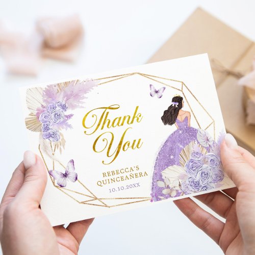 Boho Lilac Geometric Butterfly Quinceaera Floral Thank You Card