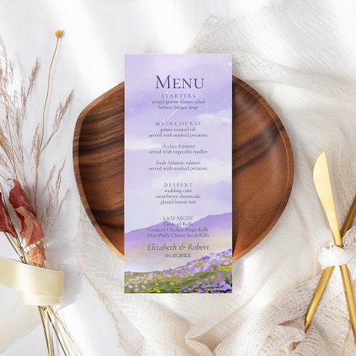 Boho Lilac Night Mountain Landscape Wedding Menu