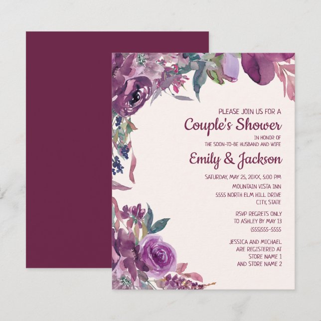 Boho Lilac Plum Purple Floral Couple's Wedding Invitation (Front/Back)