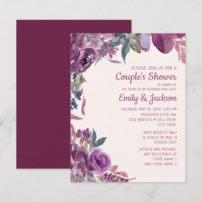 Boho Lilac Plum Purple Floral Couple's Wedding Invitation (Front/Back)