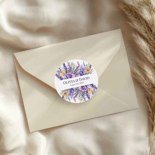 Boho Lilac Watercolor Wildflower Wedding Classic Round Sticker (Boho Lilac Watercolor Wildflower Wedding Classic Round Sticker on a small envelope.)
