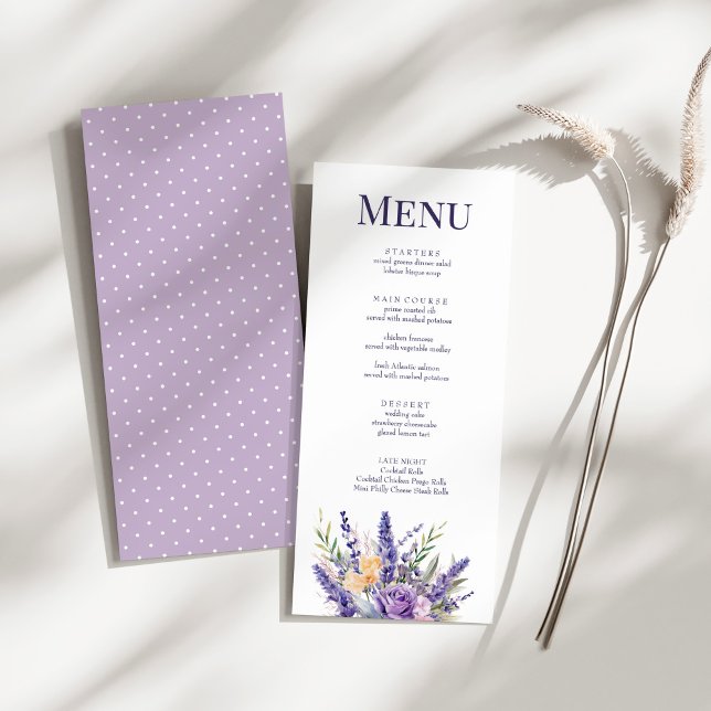 Boho Lilac Watercolor Wildflower Wedding Menu Card (Boho Lilac Watercolor Wildflower Wedding Menu Card on a sunny white table.)