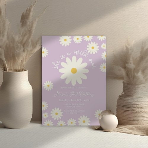 Boho Lilac White Daisy She is a Wild ONE Birthday  Invitation