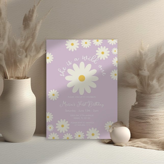 Boho Lilac White Daisy She is a Wild ONE Birthday  Invitation (Creator Uploaded)