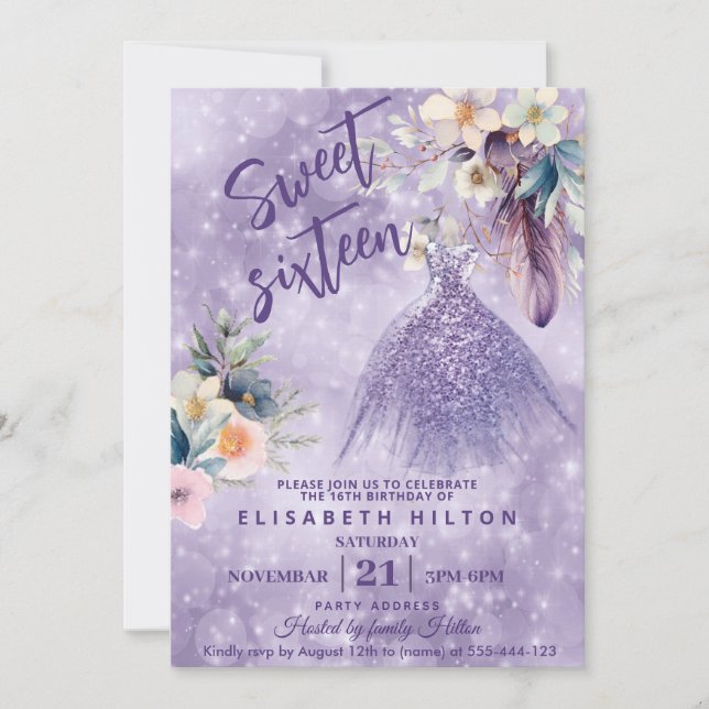 Boho Lilac wild flower Glitter dress sweet sixteen Invitation (Front)