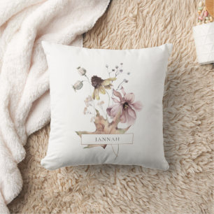 Boho Lilac Wildflower Watercolor Botanical Name Throw Pillow