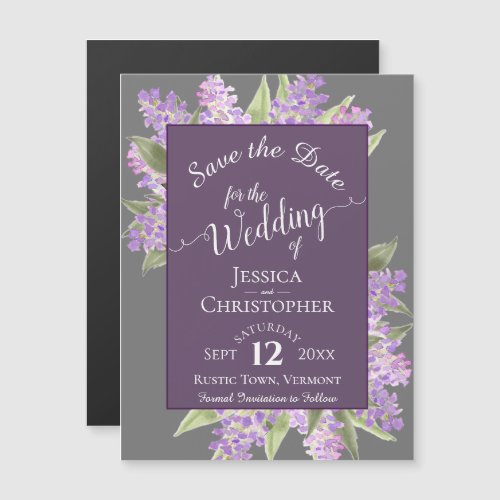 Boho Lilacs Calligraphy Gray Wedding Save the Date Magnetic Invitation