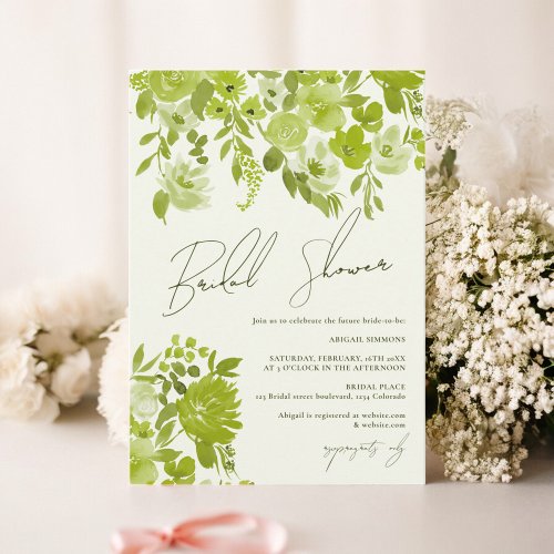 Boho lime green hand painted floral bridal shower invitation