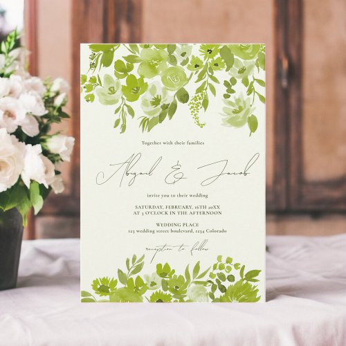 Boho lime green hand painted floral wedding invitation