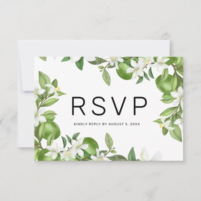 Boho Lime White Floral Greenery Wedding RSVP Card (Front)
