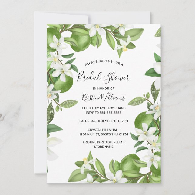 Boho Limes Watercolor Floral Bridal Shower Invitation (Front)