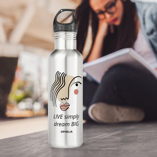 Boho Line Art Face Live Simply Dream Big Name Stainless Steel Water Bottle